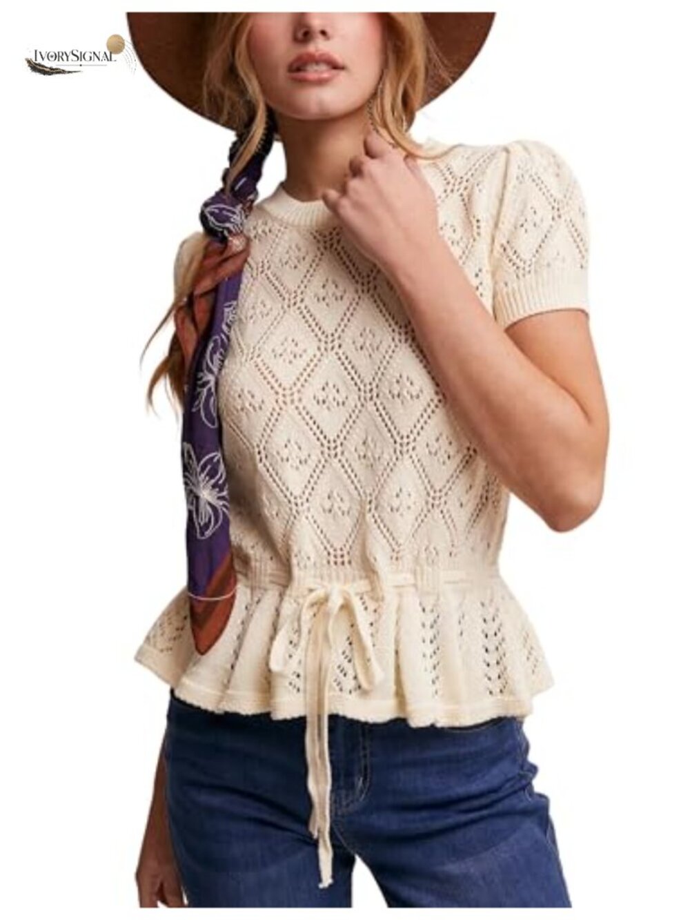 Women's Crochet Knit Peplum Top Short Sleeve Lightweight Hollow Out Tie Front